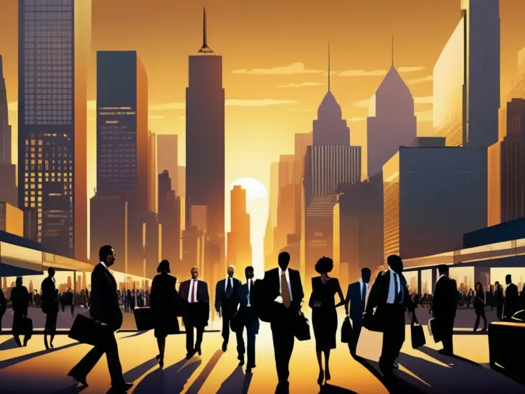 Resiliencia startup en crisis Inversión en startups en recesión: Ciudad con rascacielos reflejando el atardecer, gente de negocios y una oficina startup