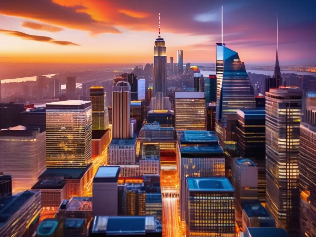 Ciudad vibrante al atardecer Inversión en startups en recesión: Ciudad vibrante con rascacielos iluminados y movimiento