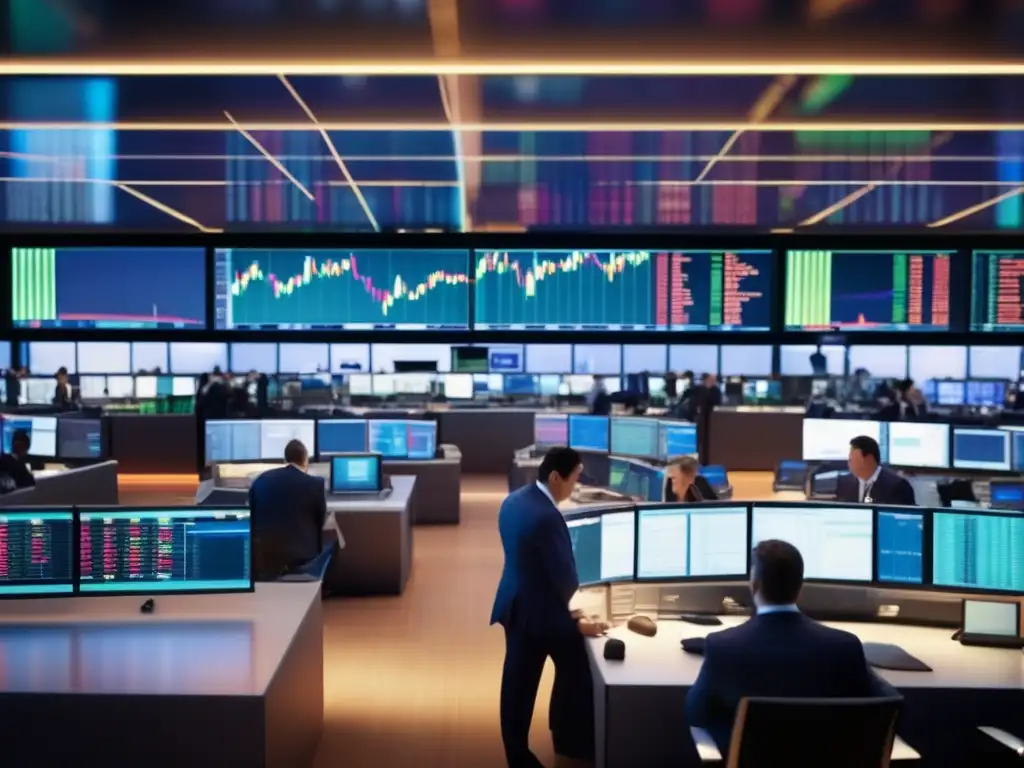 Piso de bolsa lleno de traders y pantallas Stock exchange: traders analyzing data, making decisions - Estrategias para evitar el efecto manada
