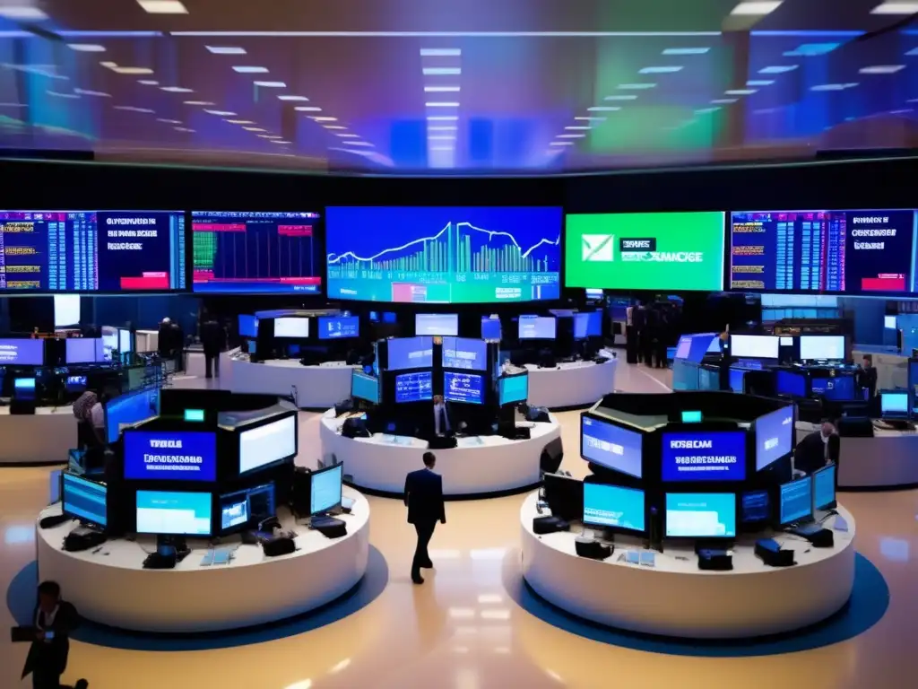 Bolsa de valores enérgica y dinámica Stock exchange floor with traders and digital screens displaying real-time financial data