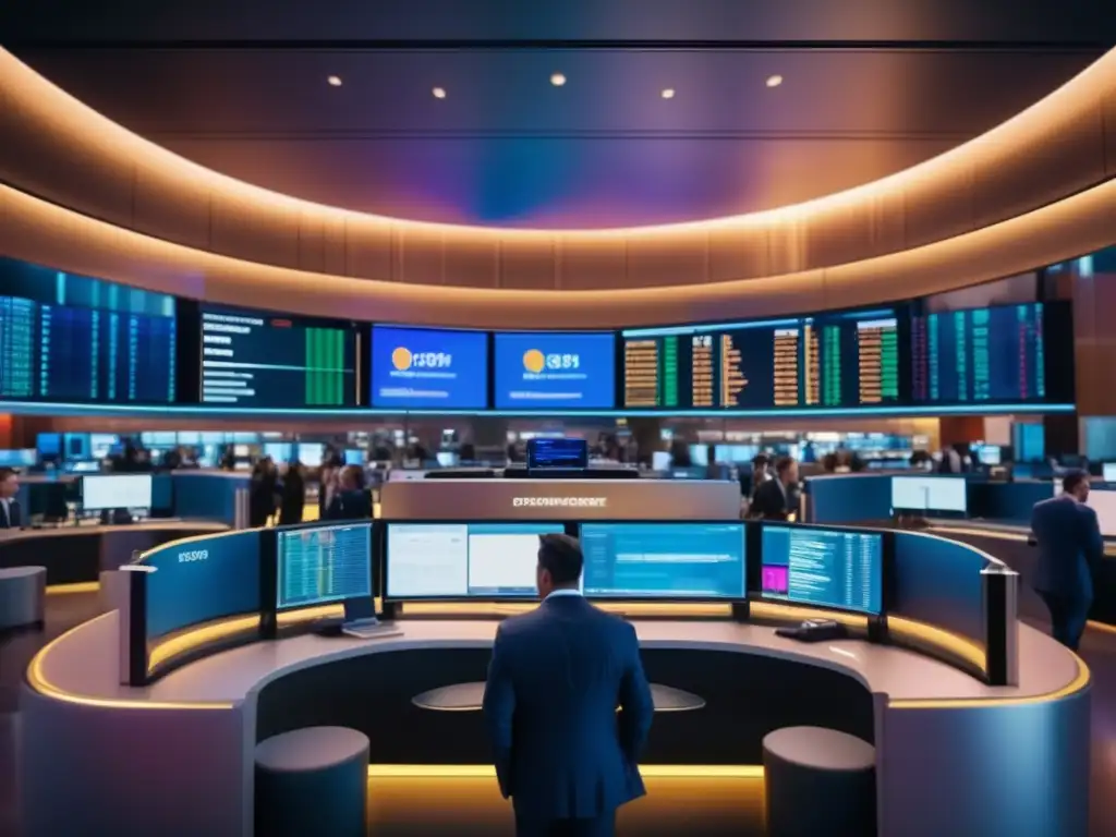 Caos y energía en la bolsa de valores Stock exchange floor con efecto manada: traders, suits, badges, screens, transactions, light, architecture, data, graphs