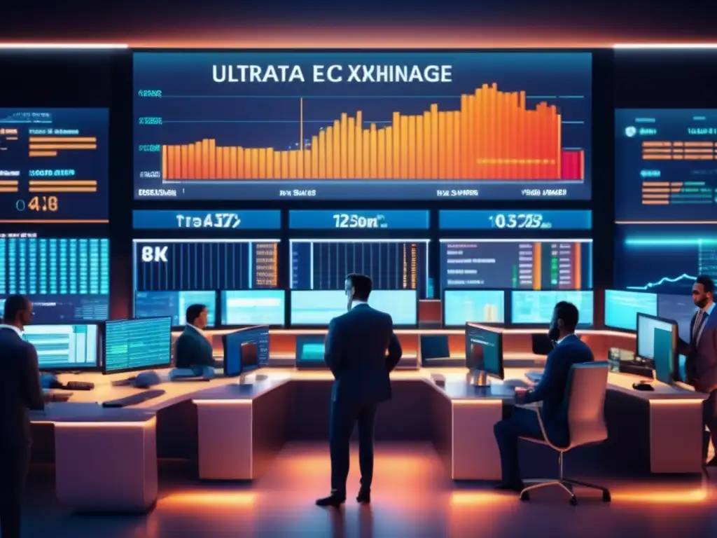Piso de bolsa lleno de traders e información Stock exchange floor with traders in sharp suits and vibrant screens - Ventajas competitivas a través del propósito