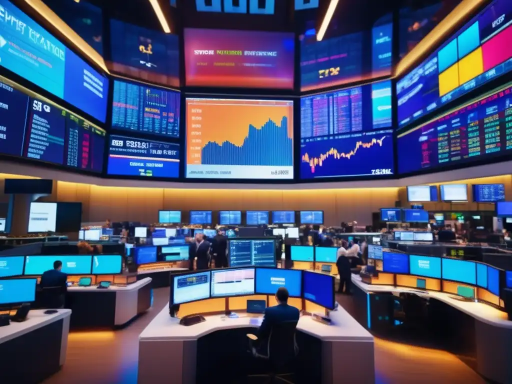 Intensa bolsa de valores con traders y pantallas Stock exchange floor con traders en trajes astutos y pantallas grandes mostrando datos e intensidad