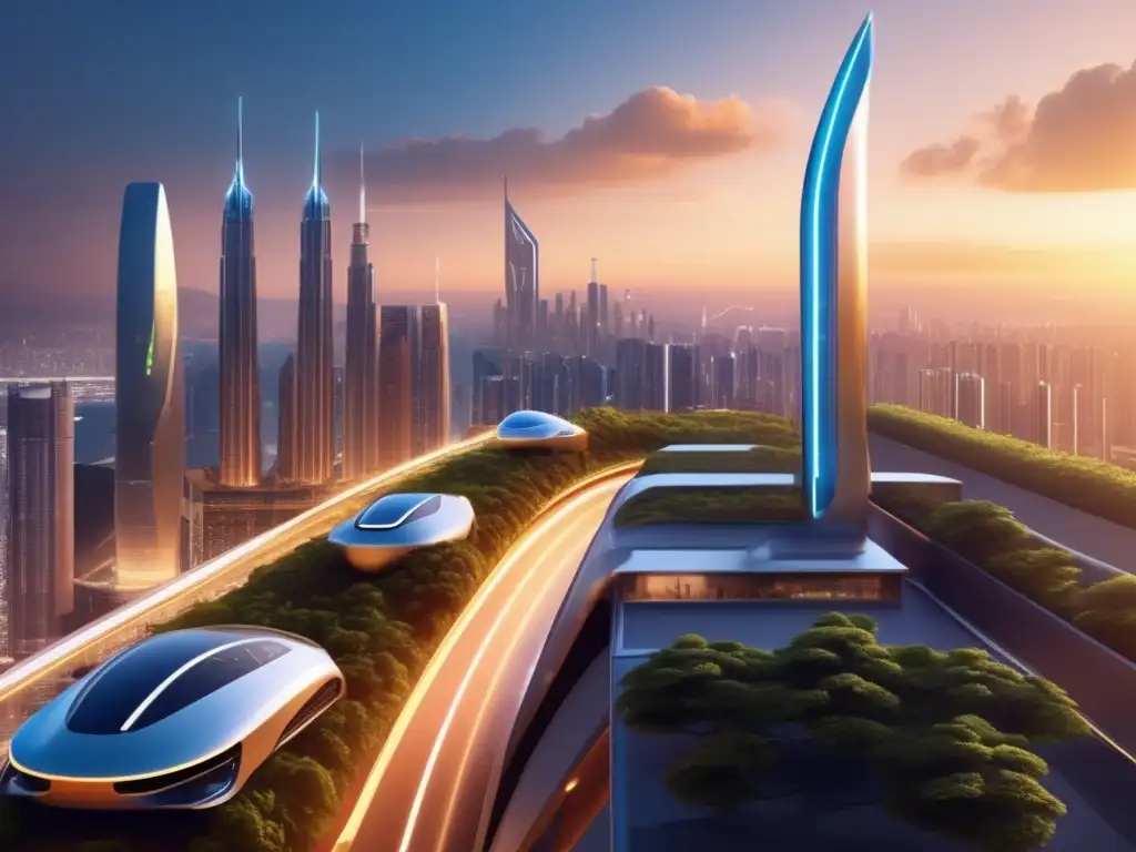 Futuro ciudad sostenible con tecnología avanzada Sunset cityscape showcasing futuristic architecture, renewable energy, and real estate investment benefits