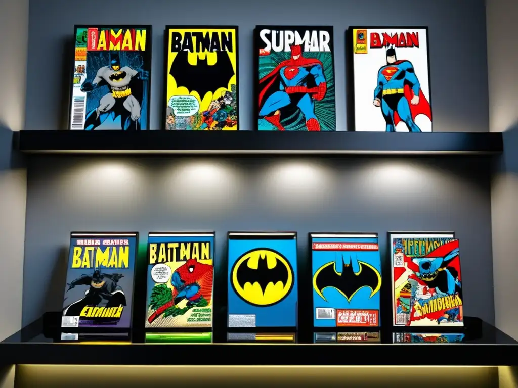 Colección valiosa de cómics en estantería moderna Superhéroes del cómic para invertir en elegante estante con iluminación LED