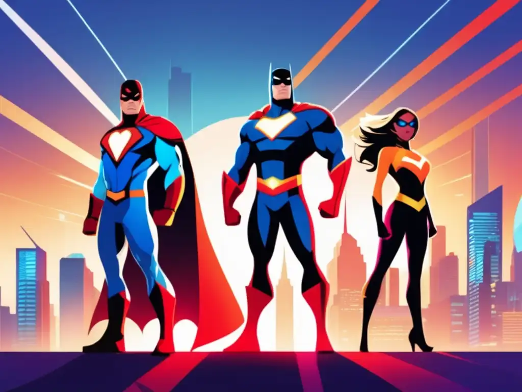 Tres superhéroes en una ciudad futurista Superhéroes del cómic para invertir: ilustración moderna y dinámica con tres superhéroes en una ciudad futurista