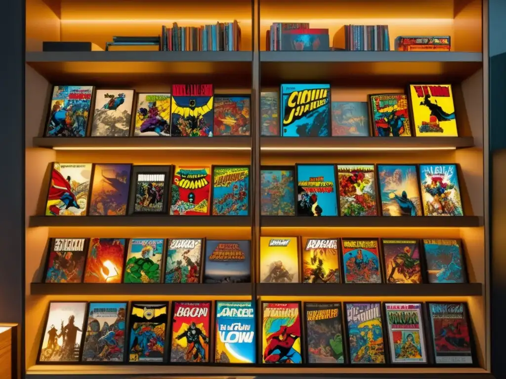 Sala de coleccionista con cómics organizados meticulosamente Superhéroes cómic invertir: sala colección detallada, cómics organizados, luz cálida, cómic sellado enmarcado, detalles vibrantes