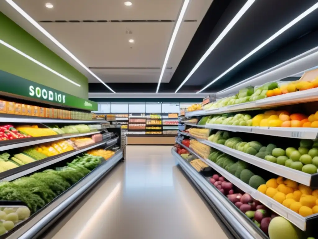 Supermercado moderno y acogedor Supermercado moderno con diseño limpio y luminoso, amplio surtido de alimentos frescos y ordenados, ambiente atractivo y profesional