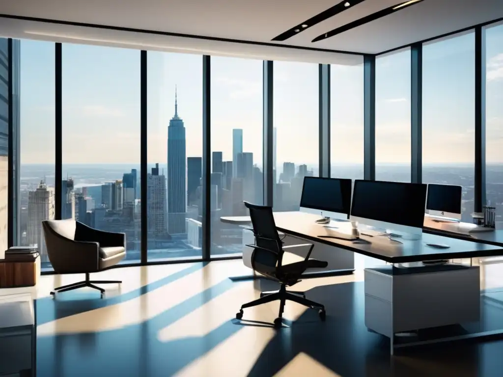 Oficina moderna con vista panorámica de la ciudad Tácticas fiscales para inversionistas en oficina moderna con vista panorámica y mobiliario minimalista