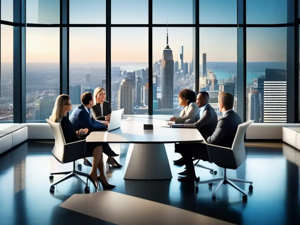Negociación exitosa de bienes raíces Tácticas de negociación inmobiliaria eficientes en una moderna sala de conferencias con ventanales panorámicos hacia una ciudad bulliciosa