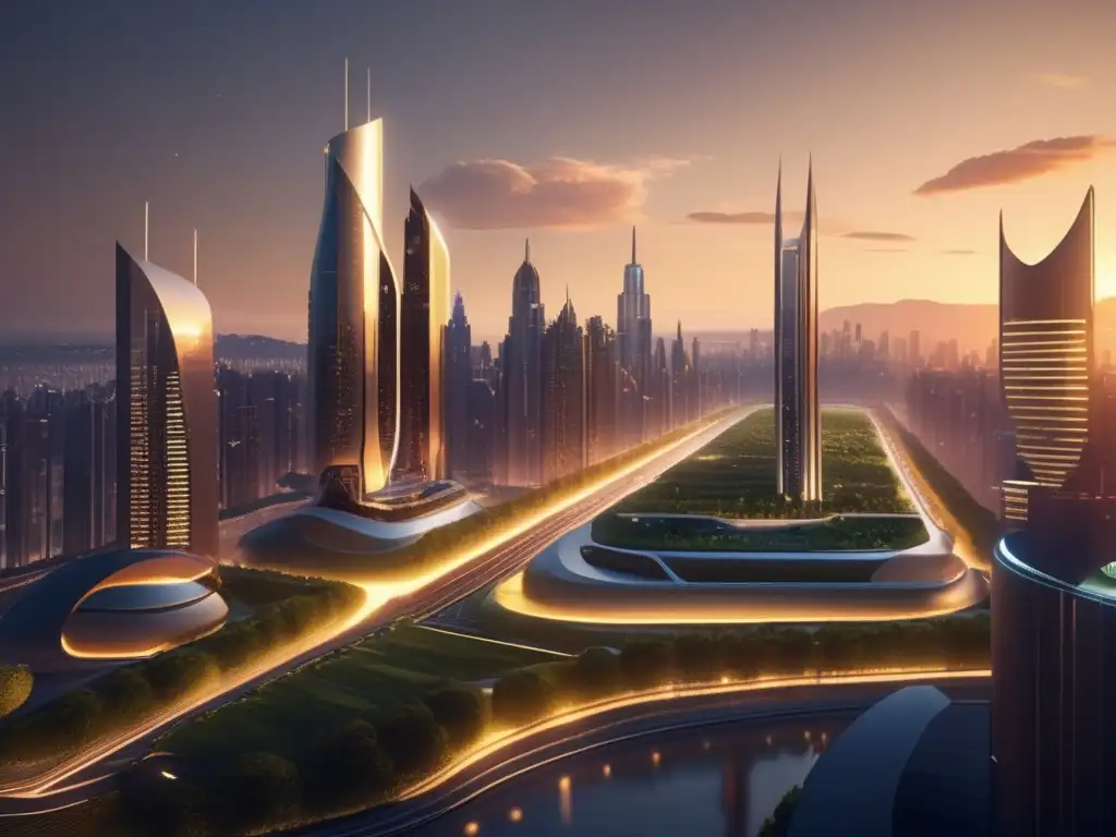 Ciudad futurista iluminada al atardecer Tácticas de gestión de riesgos en inversiones, ciudad futurista al atardecer con rascacielos, parques verdes y puentes iluminados