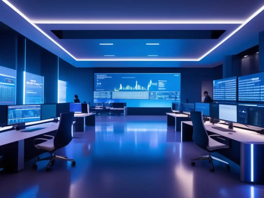 Trading futurista con pantallas transparentes Tácticas de trading algorítmico avanzado en un futurista piso de operaciones con traders enfocados y tecnología avanzada