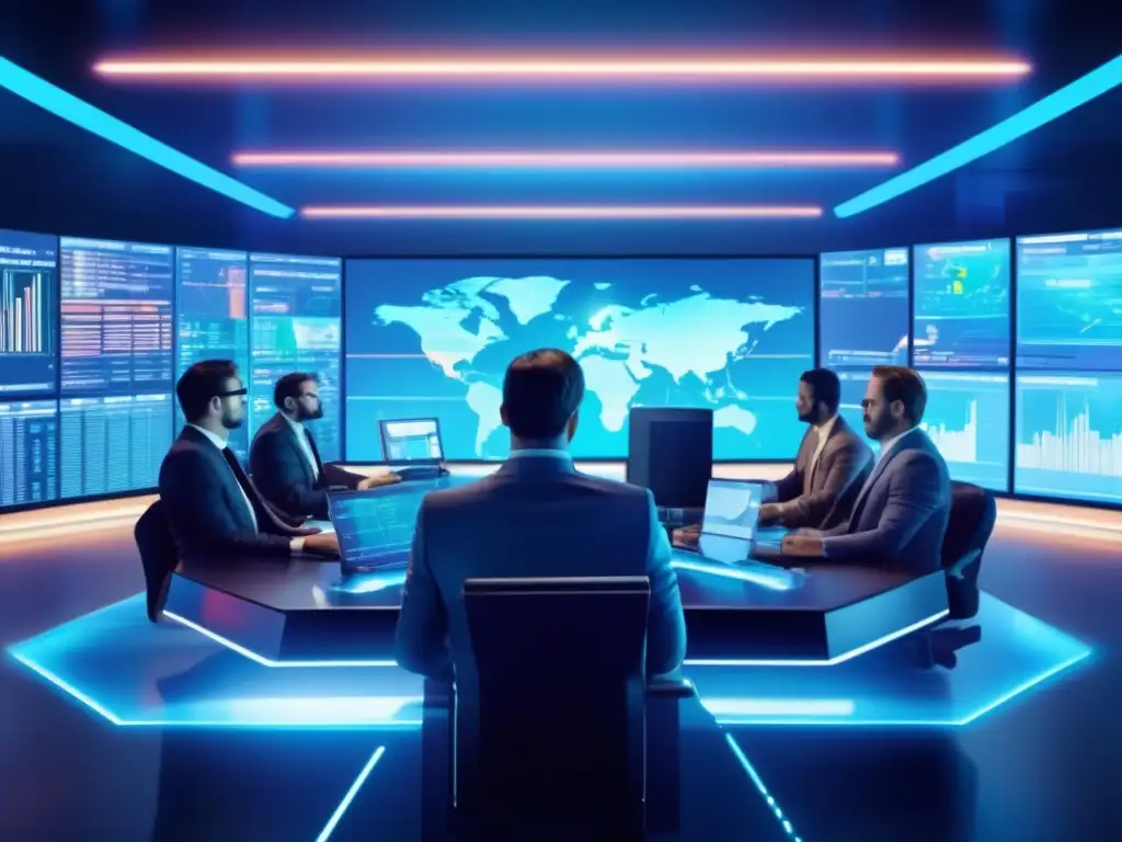Trading floor futurista con tecnología avanzada Tácticas de trading algorítmico avanzado en una sala futurista de operaciones con tecnología de vanguardia