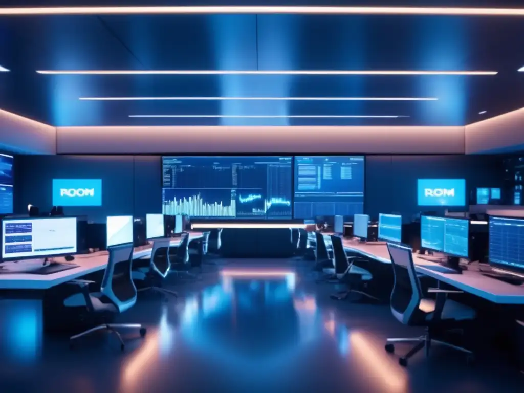 Futuro trading floor sofisticado Tácticas de trading algorítmico avanzado en una sala futurista de operaciones