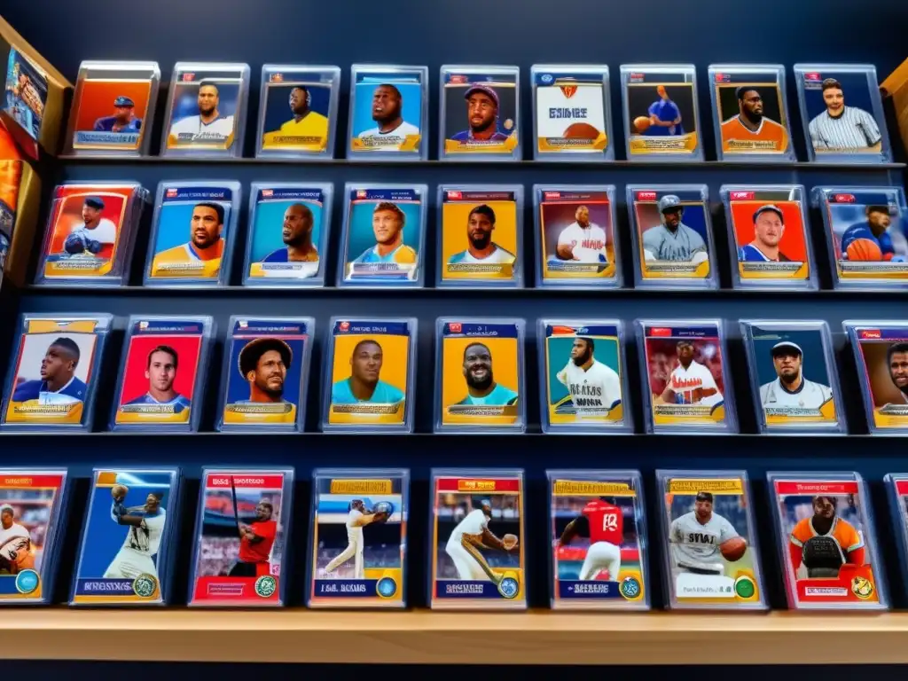 Colección diversa de tarjetas deportivas en una exhibición moderna Tarjetas deportivas como inversión: colección diversa y detallada en una pantalla moderna, destacando atletas populares de diferentes épocas