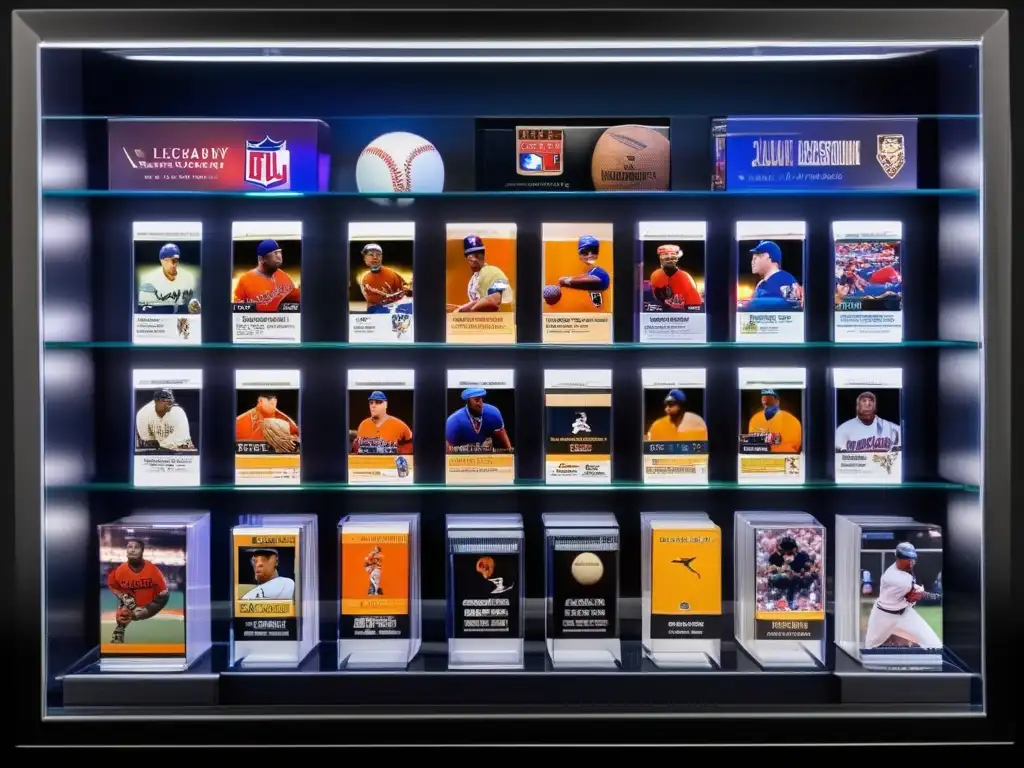 Colección moderna de tarjetas deportivas en exhibición Colección de tarjetas deportivas como inversión en vitrina iluminada con colores vibrantes y fondos borrosos de estadio lleno de fans