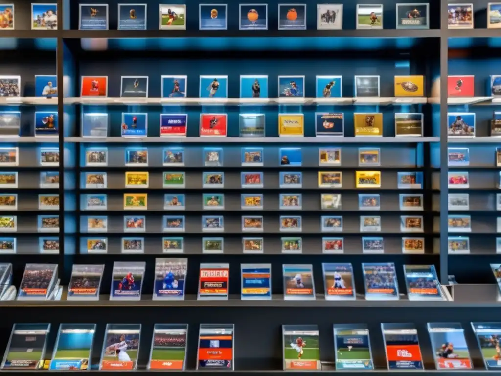Colección de tarjetas deportivas en estante de vidrio Tarjetas deportivas como inversión: Colección de tarjetas deportivas en una estantería de vidrio moderna, con detalles en 8k