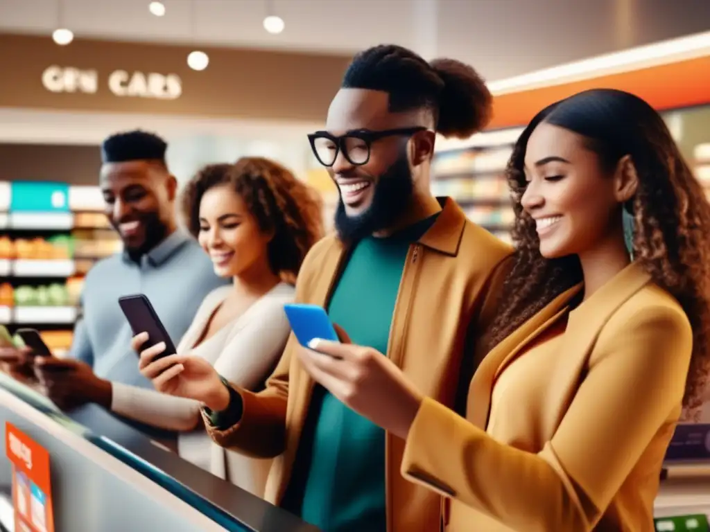 Grupo diverso usando tarjetas prepago Tarjetas prepagas para finanzas personales: grupo diverso usando tarjetas en tienda y app móvil, enfatizando flexibilidad e inclusividad