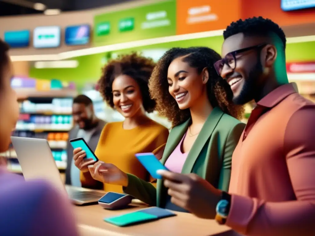 Grupo diverso usando tarjetas prepago en actividades financieras Tarjetas prepagas para finanzas personales: diversidad y seguridad financiera con personas usando tarjetas en tiendas y transacciones online