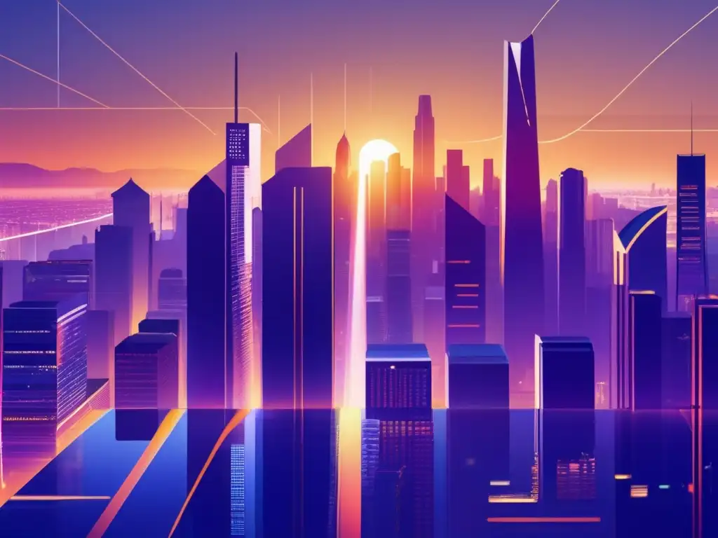 Ciudad moderna al atardecer: crowdlending Tasas de interés en crowdlending entendiendo: una ciudad moderna al atardecer, rascacielos reflejando el sol y una red digital
