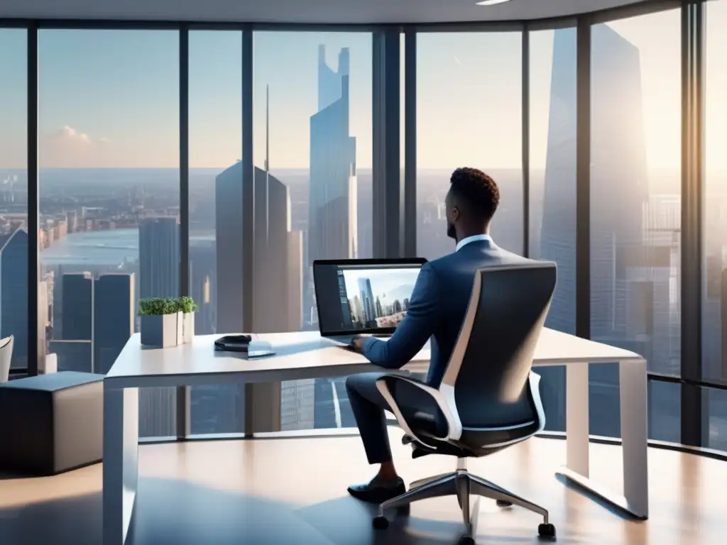 Oficina moderna con vista panorámica a la ciudad Tasas de interés en crowdlending: Oficina moderna con vista panorámica de la ciudad y profesional analizando datos