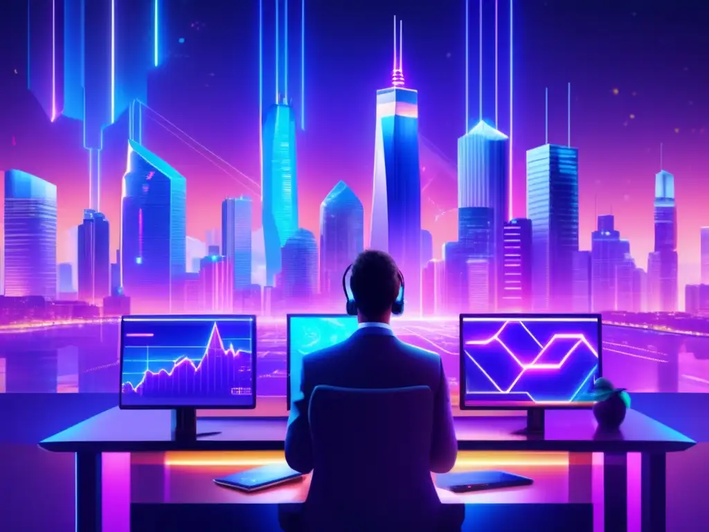Análisis técnico en la industria criptográfica Técnicas análisis técnico criptomonedas: Futurista paisaje digital 8K con rascacielos cripto brillantes y equipo profesional innovador