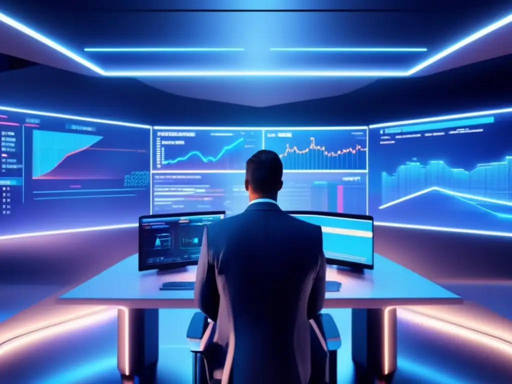 Futuro trading criptográfico Técnicas de análisis técnico criptomonedas en un futurista trading floor con holografías y gráficos