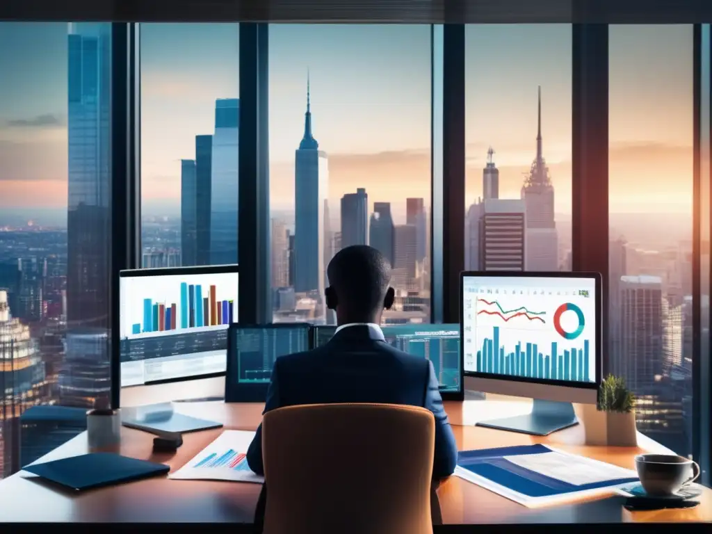 Dominio financiero: control y tranquilidad Técnicas para controlar la ansiedad financiera: persona tranquila en un escritorio con documentos y gráficos, mostrando dominio y confianza