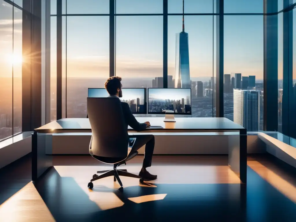 Profesional tranquilo en oficina minimalista Técnicas para controlar la ansiedad financiera: Serenidad y enfoque en una oficina minimalista con vista panorámica de la ciudad