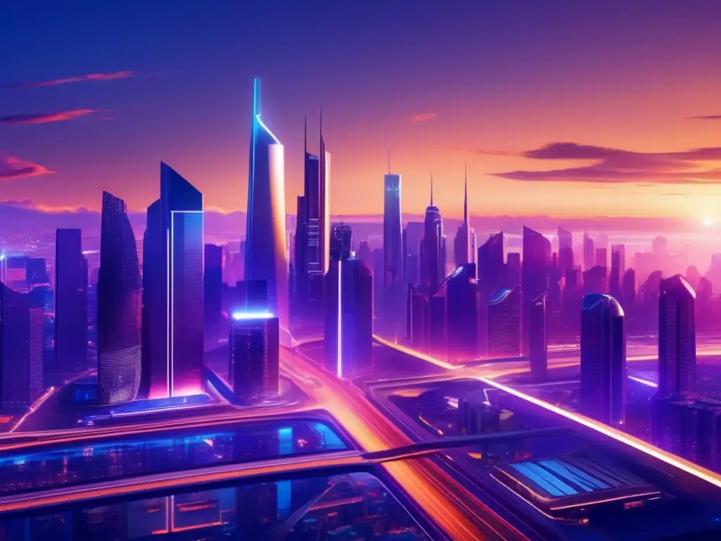 Futurista ciudad al atardecer Técnicas avanzadas de inversión en una ciudad futurista al atardecer con rascacielos modernos y tecnología avanzada