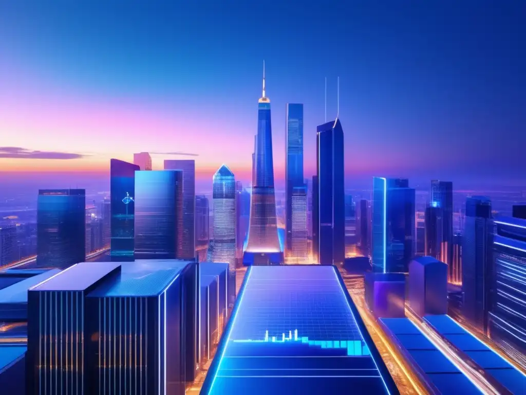 Oportunidades en inversiones avanzadas Técnicas avanzadas de inversión en una ciudad futurista con rascacielos y datos financieros en tiempo real