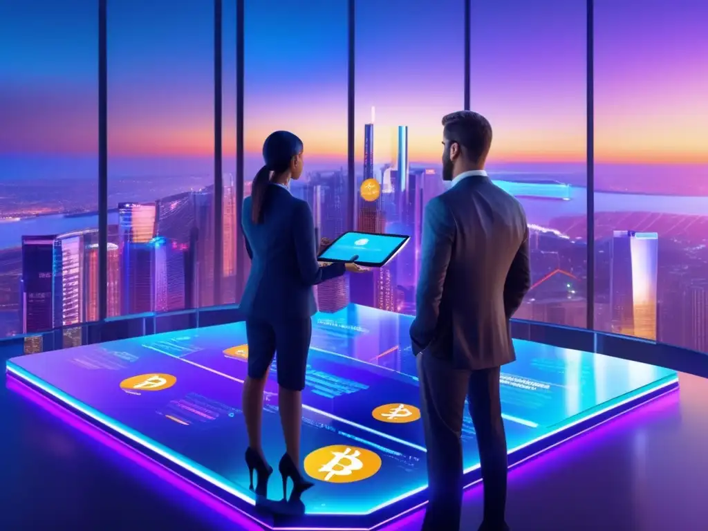 Profesionales analizando criptomonedas en la ciudad Técnicas avanzadas de inversión en criptomonedas en un entorno futurista y vibrante, con profesionales analizando datos en tiempo real