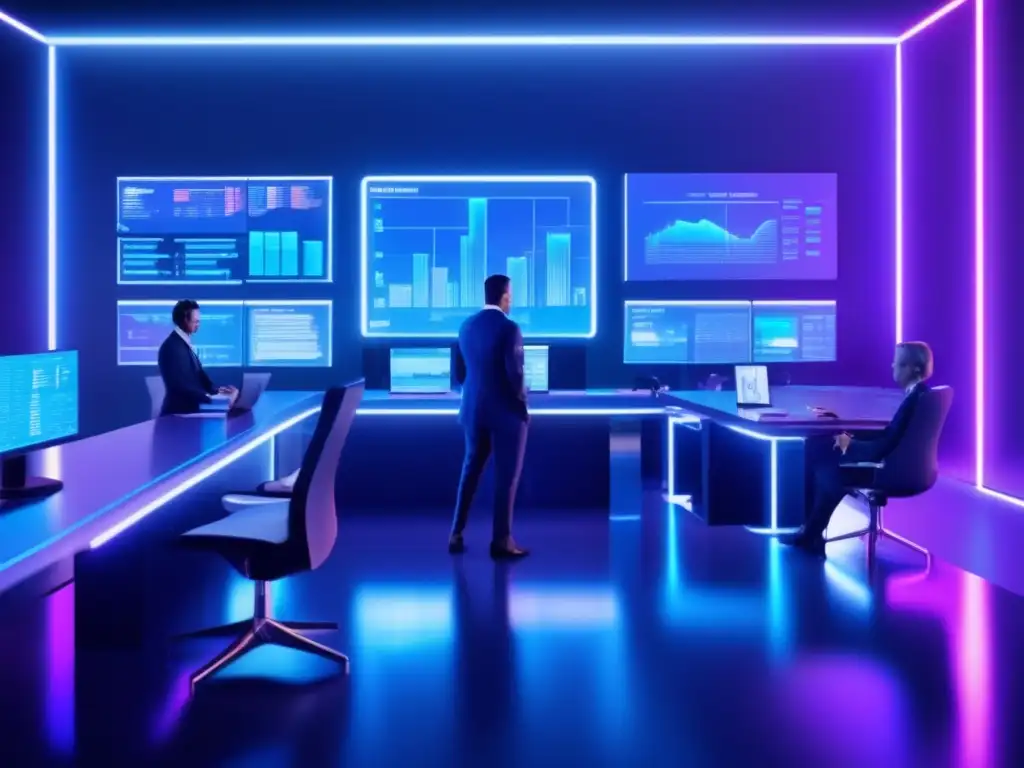 Traders en sala de trading futurista Técnicas avanzadas de inversión en un futurista espacio de trading virtual con traders analizando gráficos y datos en pantallas holográficas