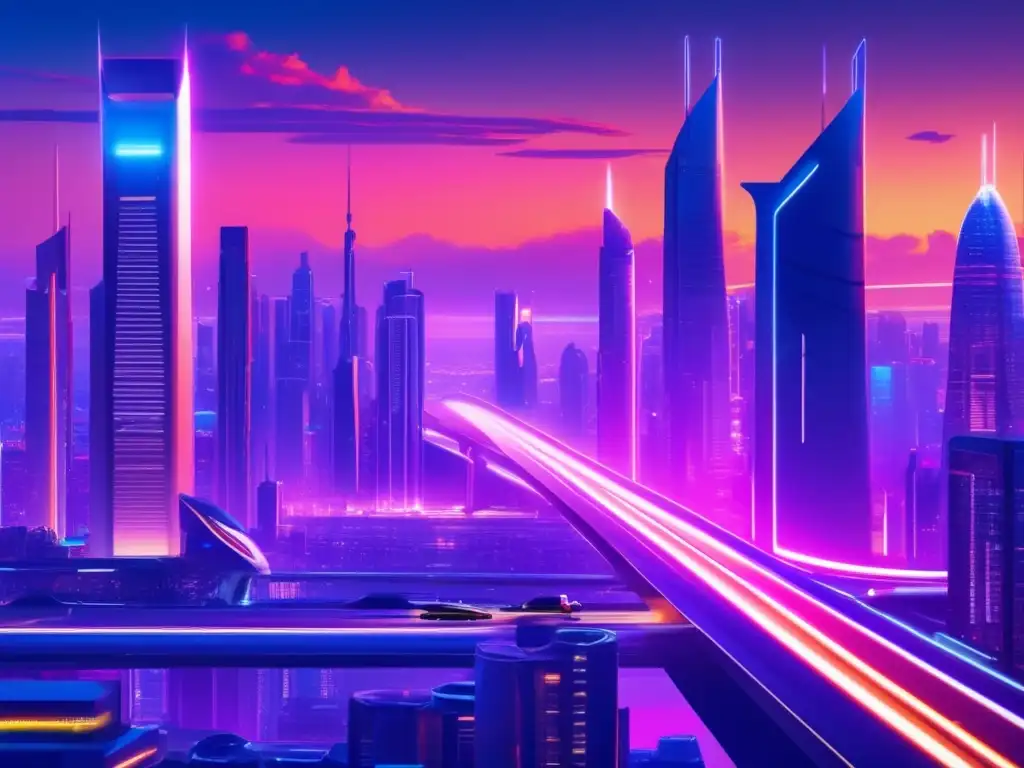 Futurista ciudad con rascacielos iluminados Técnicas avanzadas de protección de inversiones en una ciudad futurista llena de rascacielos y vehículos avanzados