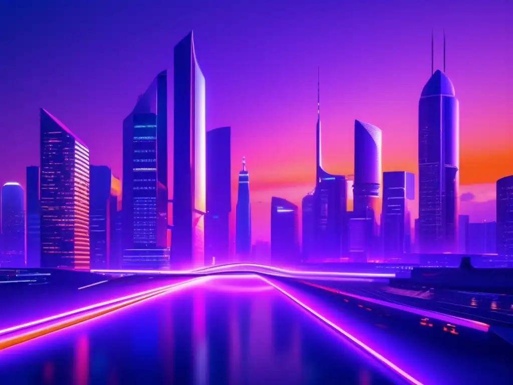 Ciudad financiera futurista al atardecer Técnicas avanzadas de protección de inversiones en una impactante imagen de una futurista ciudad financiera al atardecer