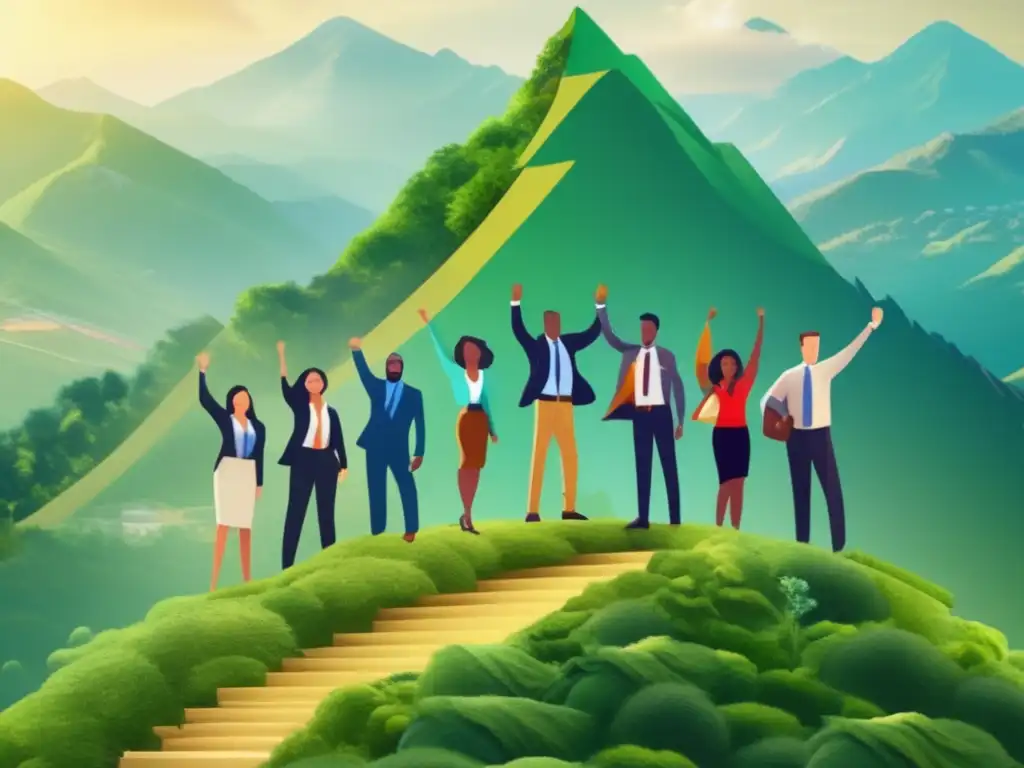 Equipo celebrando éxito financiero en la montaña Técnicas para acelerar éxito financiero con equipo en montaña