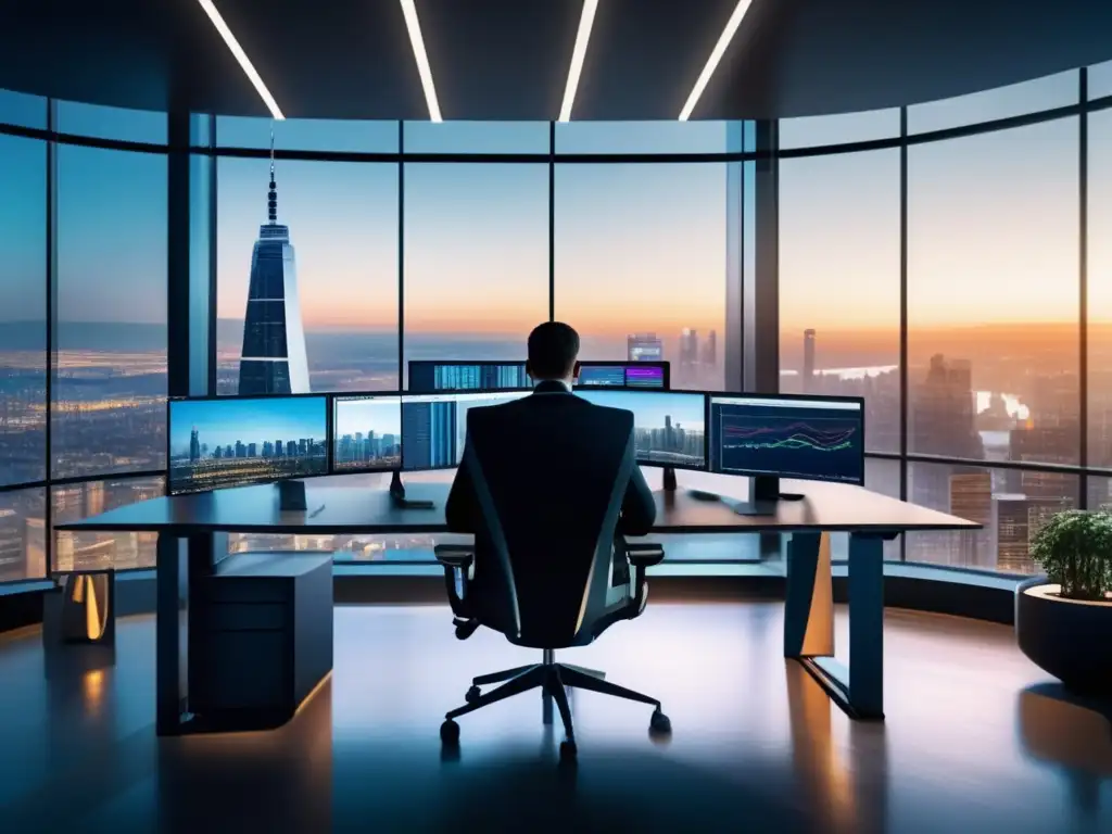 Oficina moderna de inversión activa Técnicas de inversión activa rentables en una oficina moderna y sofisticada, con vistas panorámicas de la ciudad