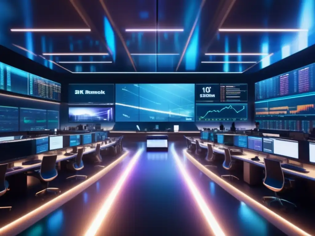 Mercado de valores futurista y vibrante Técnicas de inversión activa rentables en moderno y futurista mercado bursátil con inversor confiado y hologramas