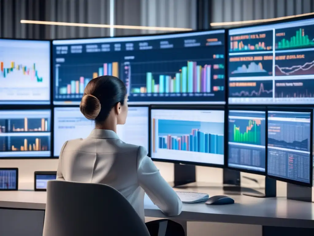 Análisis calmado de datos financieros Técnicas de inversión con cabeza fría: persona analizando datos financieros en oficina moderna