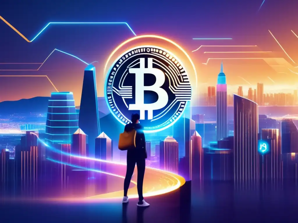 Paisaje digital futurista con criptomoneda Técnicas privacidad cripto: paisaje futurista, persona sosteniendo moneda cripto, símbolos de encriptación y seguridad, libertad y protección de identidad