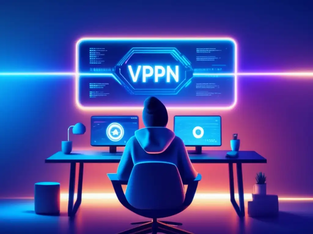 Protección de datos en transacciones de criptomonedas Técnicas de privacidad en criptotransacciones: persona usando VPN en una sala futurista y minimalista