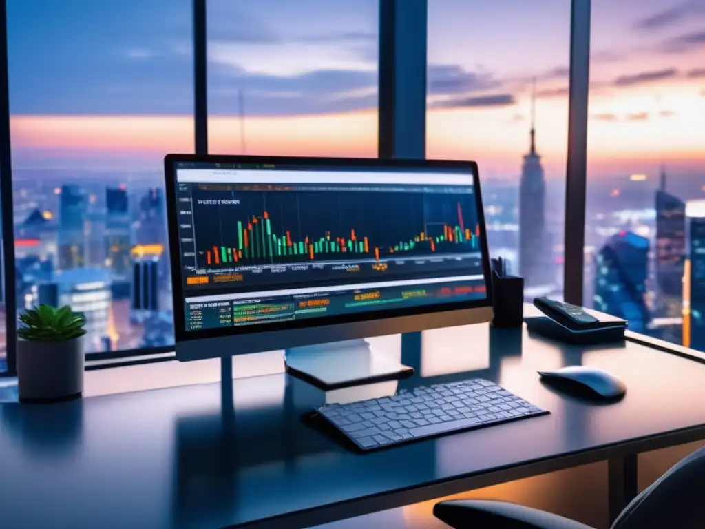 Espacio de trabajo profesional y moderno Técnicas probadas para invertir en Forex en un espacio de trabajo moderno y profesional con vista a la ciudad al atardecer