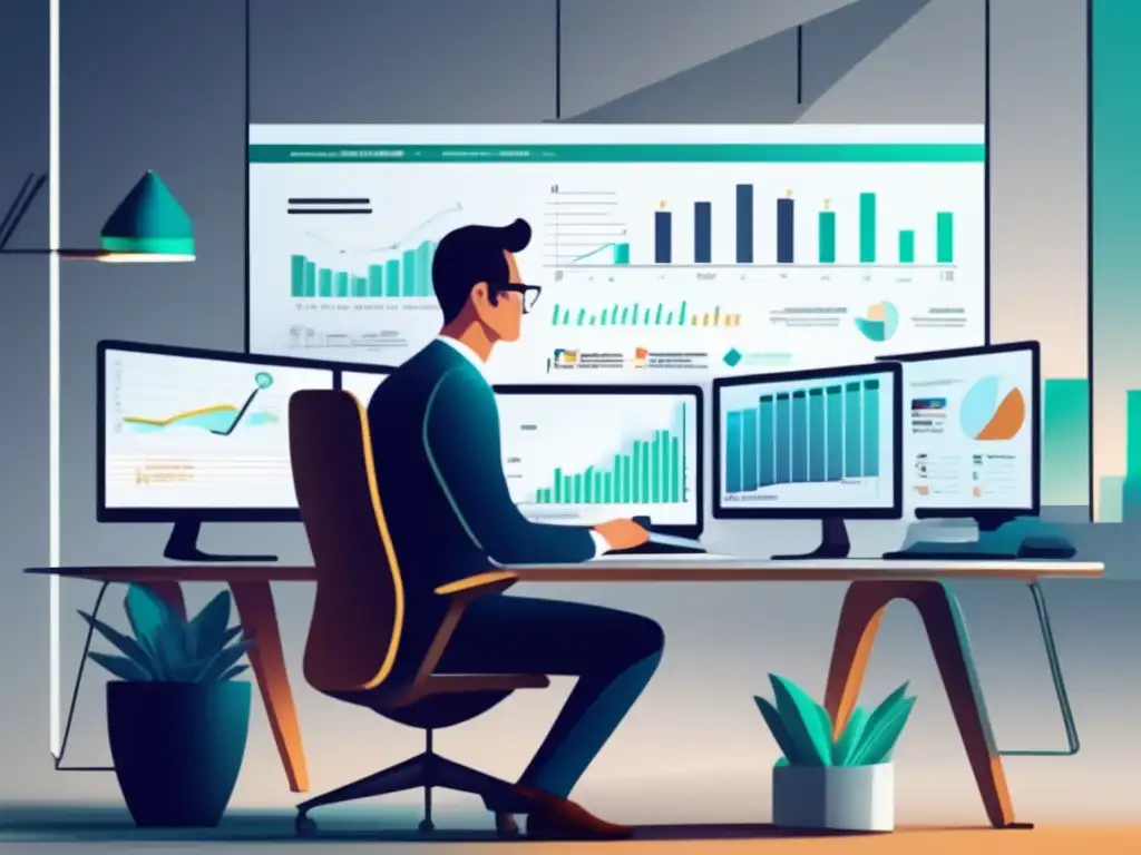 Inversiones analíticas y sin sesgo Técnicas para contrarrestar sesgo intuitivo en inversiones: Imagen de inversor analizando datos financieros en su escritorio minimalista