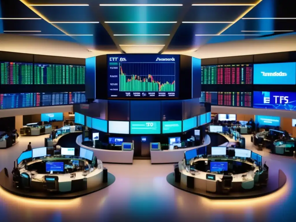 Bolsa de valores global moderna y vibrante Técnicas de trading con ETFs avanzados en volatilidad: ilustración moderna y vibrante de una bulliciosa bolsa de valores
