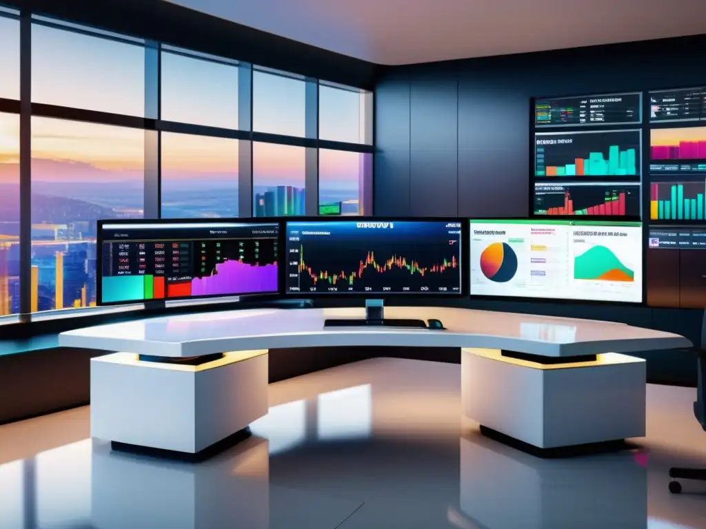 Escritorio de trading moderno y sofisticado Técnicas de trading con ETFs avanzados en volatilidad - Imagen detallada de un elegante escritorio de trading moderno en 8k