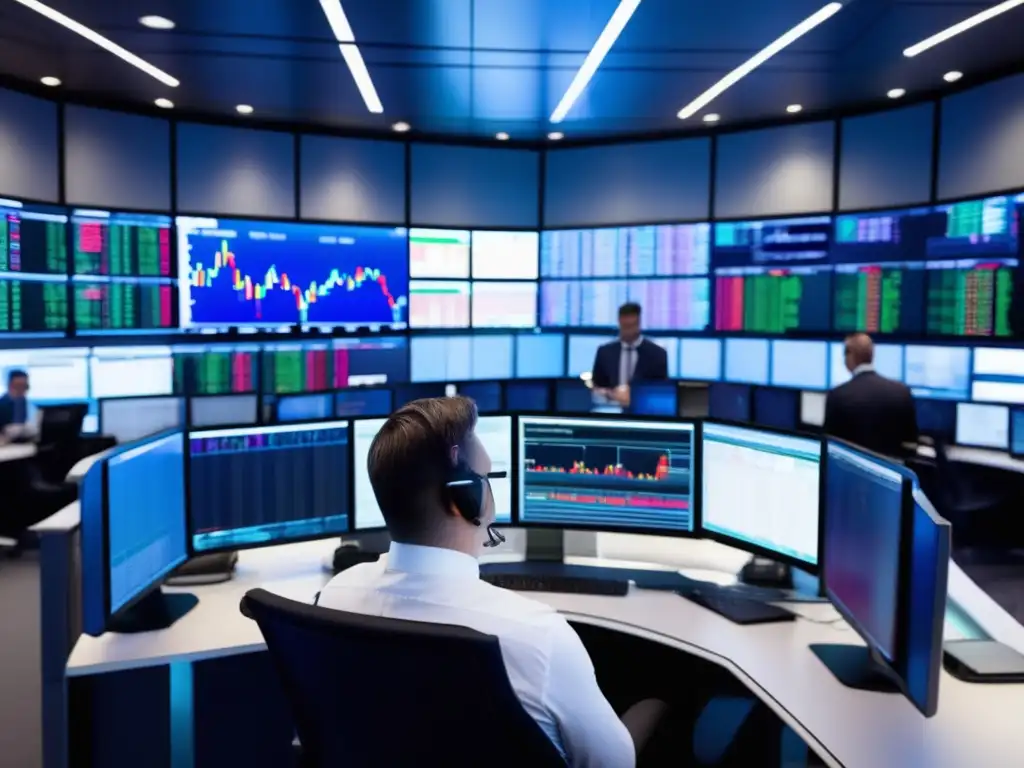 Traders analizando ETFs en piso bursátil moderno Técnicas de trading con ETFs avanzados en volatilidad