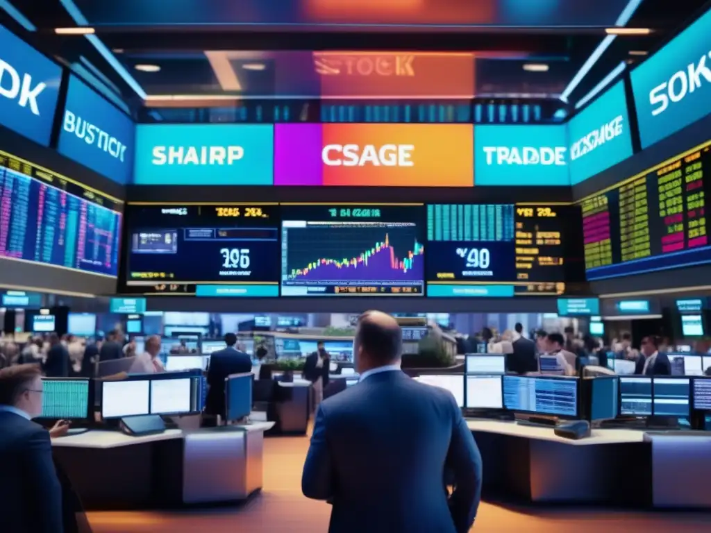 Traders en acción en la bolsa Técnicas para aprovechar la volatilidad del mercado financiero en un vibrante y detallado piso de bolsa