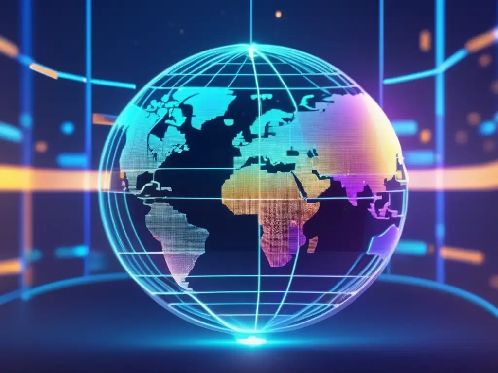 Intrincada red blockchain: globo futurista y conexiones criptográficas Guía experta tecnología criptomonedas: Red blockchain futurista con nodos y bloques interconectados en un globo transparente suspendido en el aire