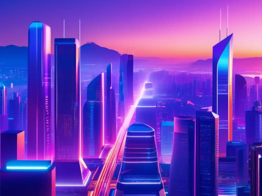 Ciudad futurista con rascacielos, luces y tecnología Invertir en tecnología emergente: Ciudad futurista con rascacielos reflectantes y calles llenas de tecnología