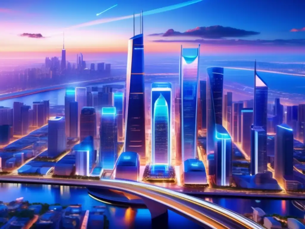 Futuro urbano tecnológico Tecnología en inversión inmobiliaria: Ciudad futurista con rascacielos, vehículos eléctricos autónomos y tecnología integrada